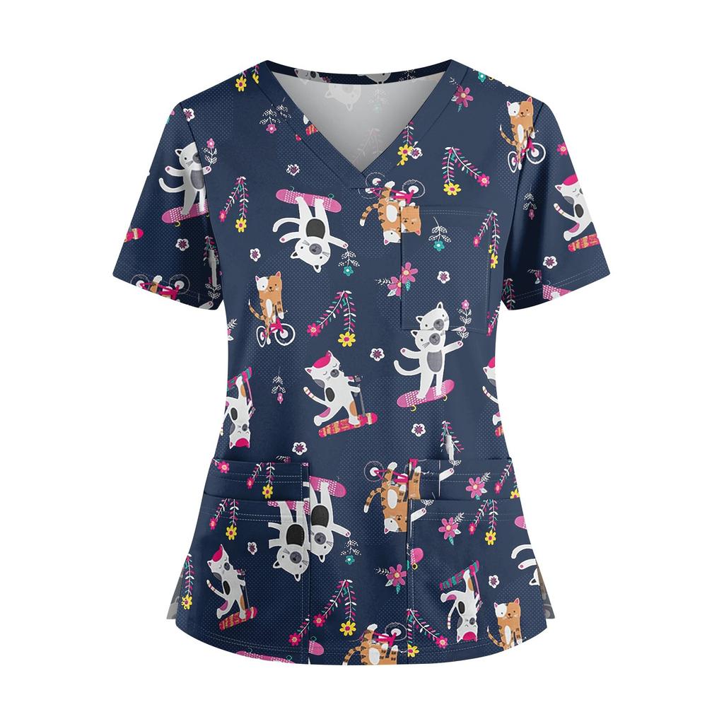 Velká velikost Potištěná srubová pracovní uniforma pro ženy s překříženým výstřihem do V Halloween potisk Zábavná trička s krátkým rukávem Pracovní oblečení Tričko s kapsami