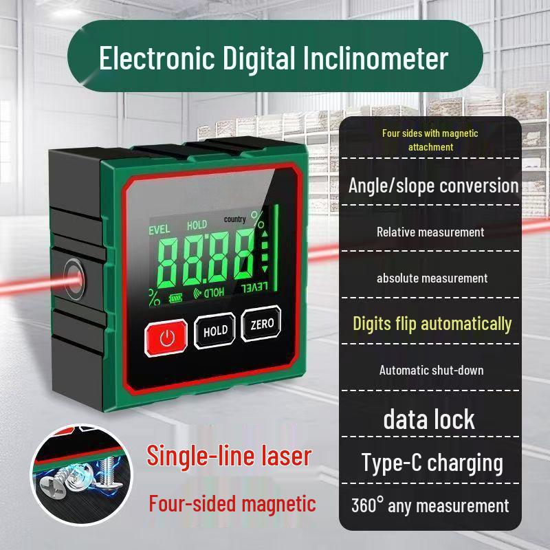 Cyfrowy inklinometr magnetyczny Precision 360° z inteligentnym wyświetlaczem laserowym i poziomicą