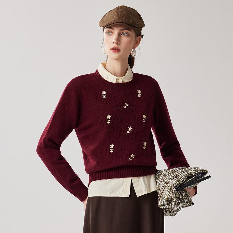 Zhaojun Women's 100% Cashmere Thickened Embroidered Crewneck Sweater