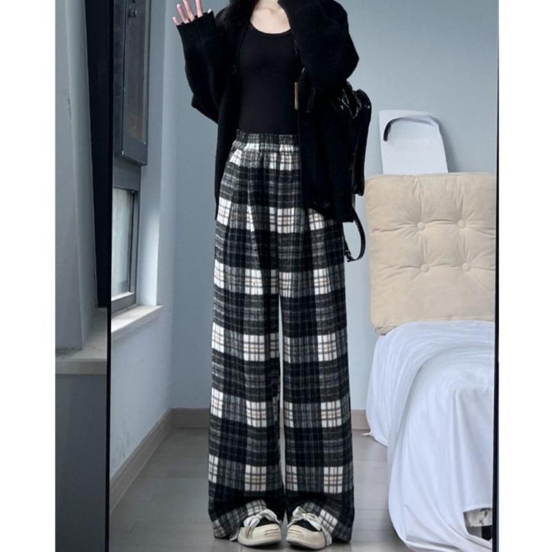 Blue Plaid Wool Pants Women Winter Loose Straight Leg Retro Casual Wide Leg Trousers
