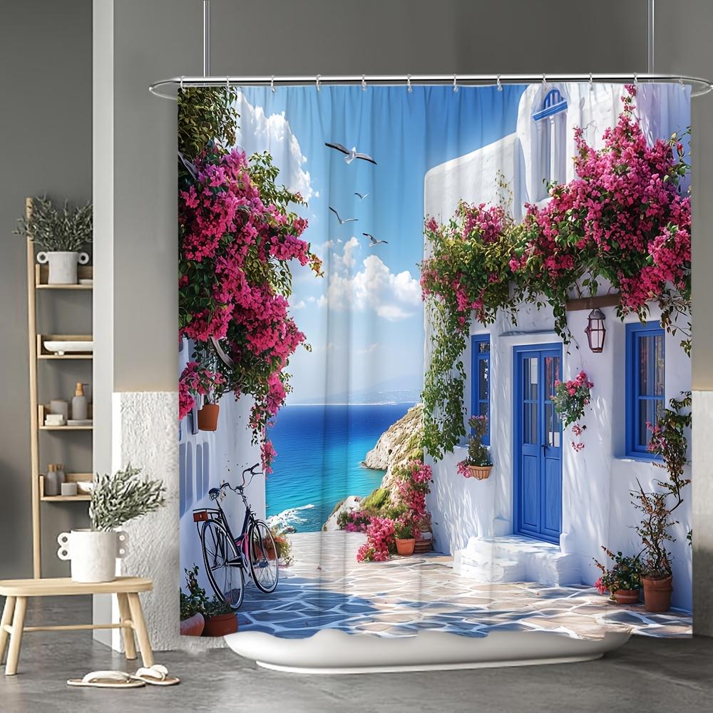 Mediterranean Seaside Cottage Shower Curtain, Waterproof And Mildew-Resistant For Vibrant And Scenic Bathroom Decor
