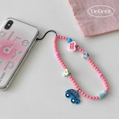 Blue Car Pink Bead Phone Strap Cell Phone Bag Key Ring