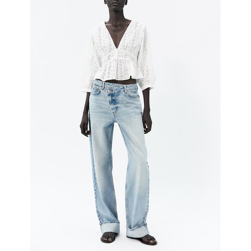 Summer New Women clothes French style Niche White Cotton Hollow Embroidery V-neck Long sleeve Shirts 3722819