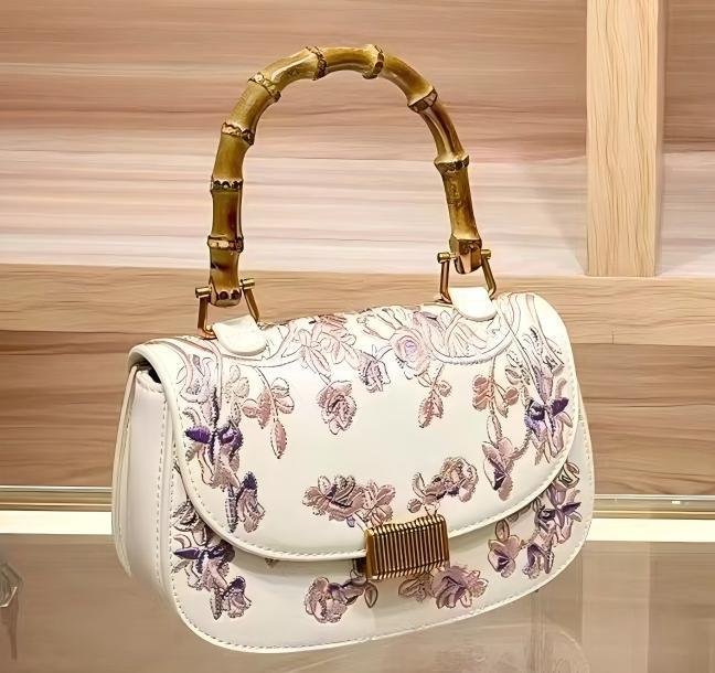 

Женская вышитая бамбуковая сумка 2025 - Сумка-мессенджер и сумка для поездок в китайском стиле 21cm x 7cm x 13.5cm белый