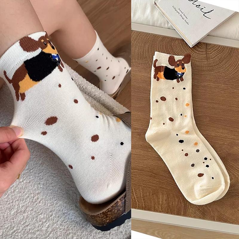8pcs Cartoon Sausage Dog Print Middle Tube Socks Funny Dachshund Pattern Cotton Socks Autumn Winter Warm Cute Couple Sock Gift One Size