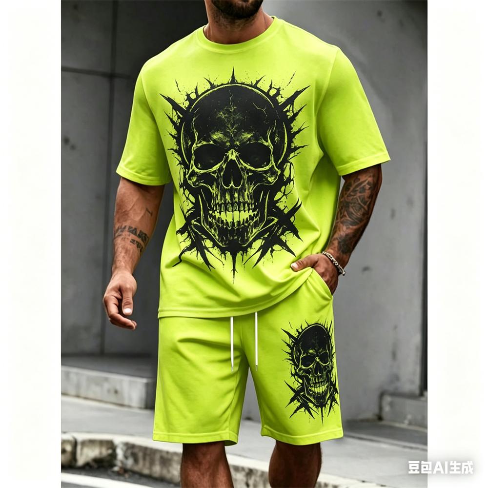 New Summer Set Men's 2 Piece Hip Hop Print Round Neck T Shirt Casual Fashion Style Suit Breathable Short Sleeve Shorts