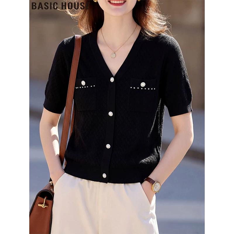 Basic House Women s Tencel Knit V-Neck T-Shirt L