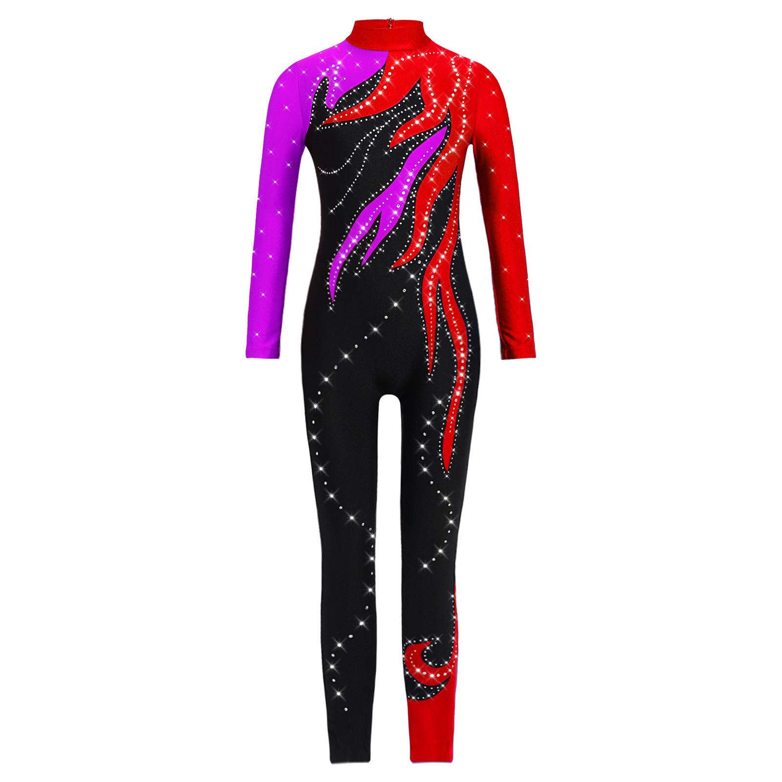 

Дівчачий кольоровий гімнастичний комбінезон з імітацією горловини, довгим рукавом, блискучими стразами, боді, леотард на все тіло фіолетовий/червоний