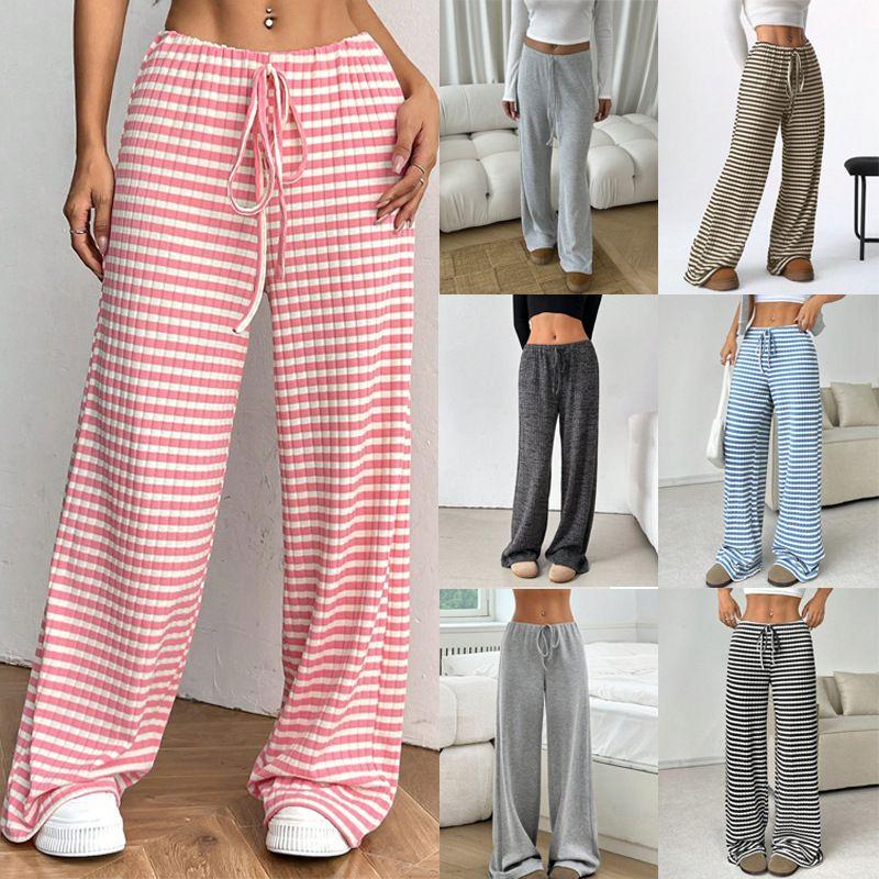 

2025 Casual Elastic Drawstring Straight Leg Pants Blue and white stripes M