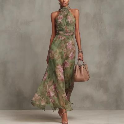 New European and American Style Halter Printed Long Dress, Vacation Style, Waist-cinching Slimming Dress for Women YJ1109