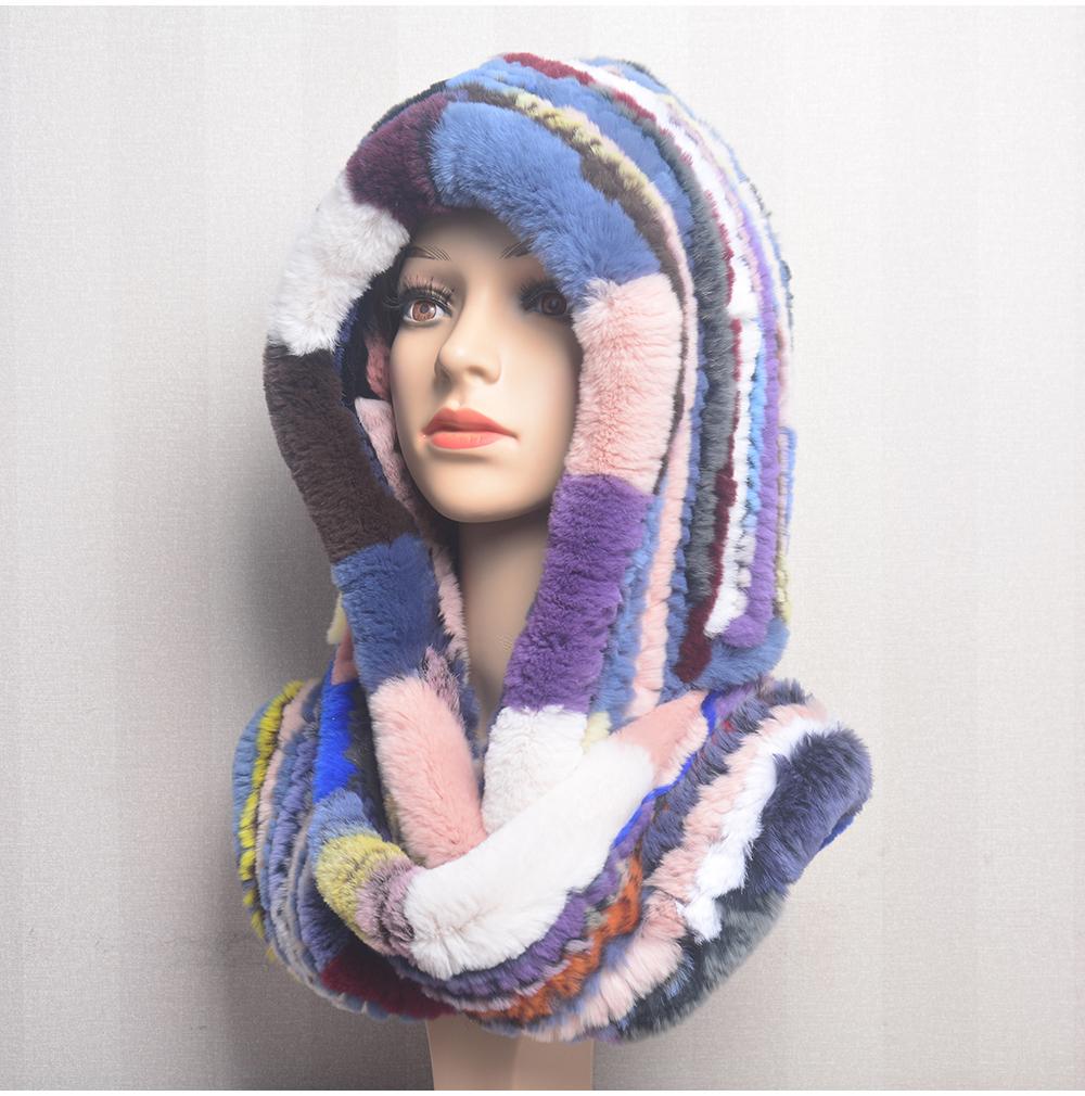 Hot Sale New Women Real Knitted Rex Rabbit Fur Hat Hooded Scarf Long Winter Warm Fur Hat With Neck Collar Scarves Hat Scarf