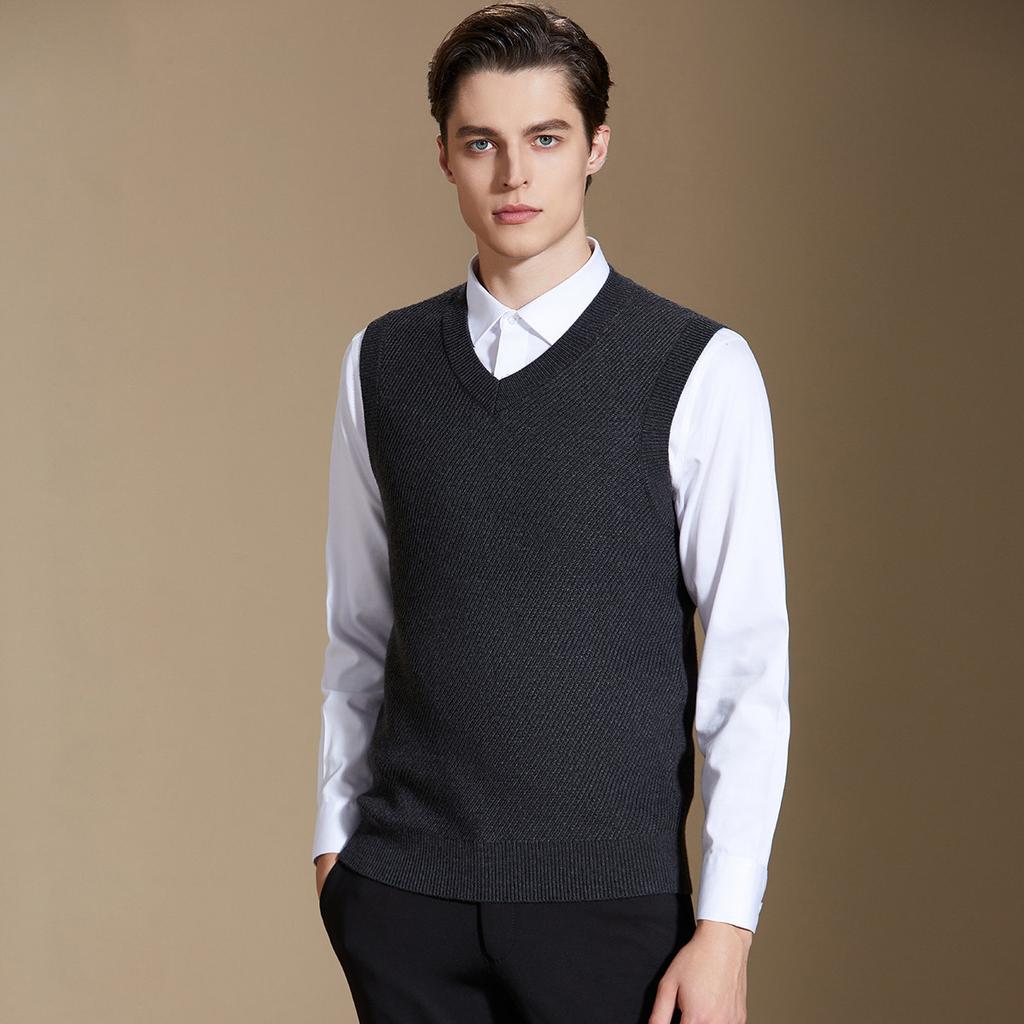 Machine washable&fine spun thickened twill vest men's pullover jacquard wool sweater V-neck knitted vest