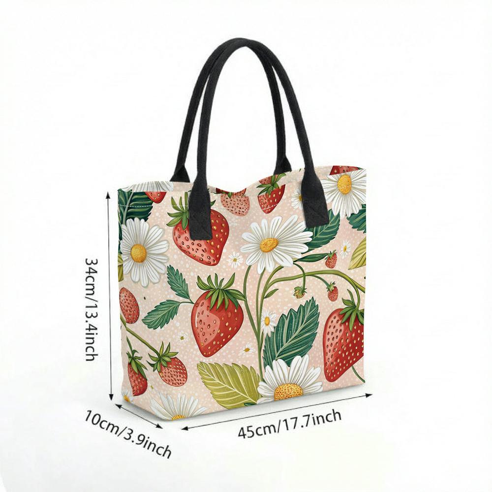 Cute Strawberry Daisy Print Canvas Tote Bag for Daily Shopping Casual Handbag for Women