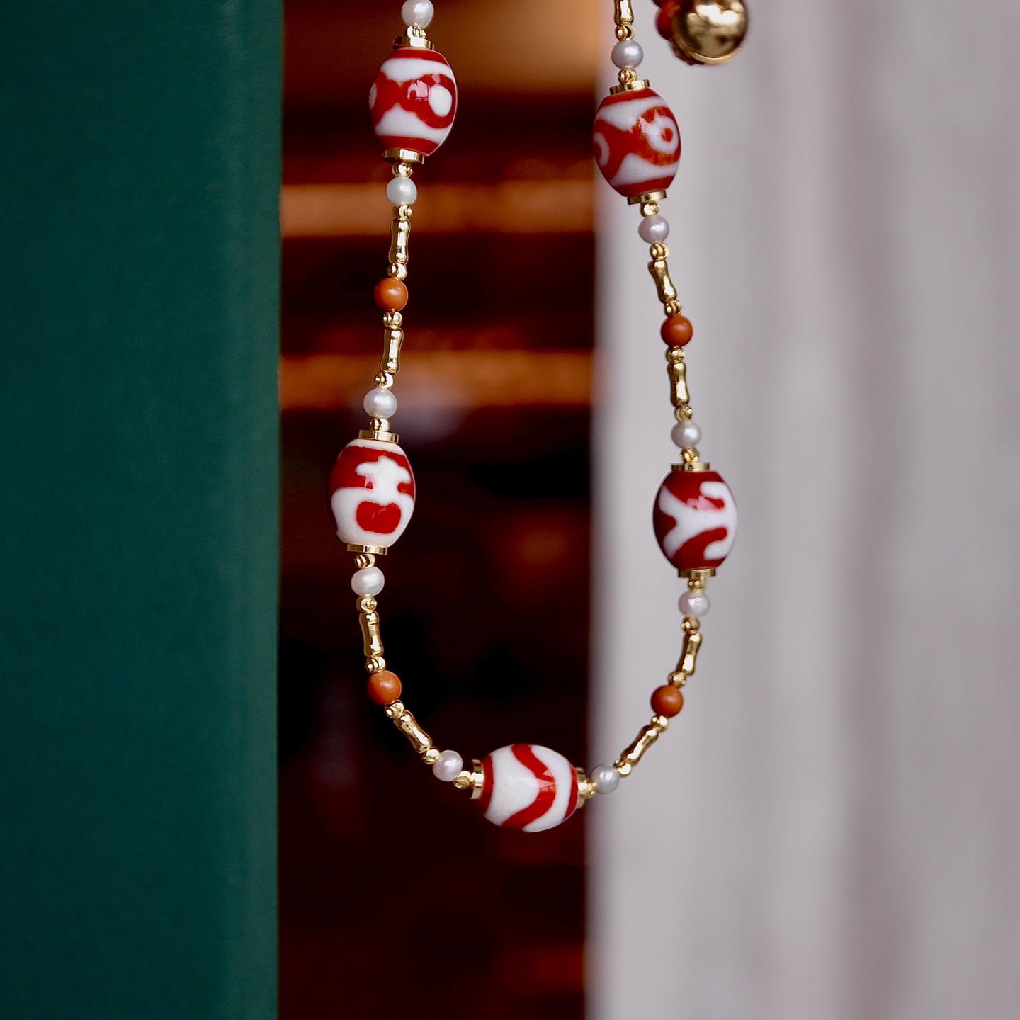 Натуральное красное мясо Дзи Ожерелье: Унисекс Агат Дворец Потала Тибетский Дизайн Бусин Approx. 10*14mm