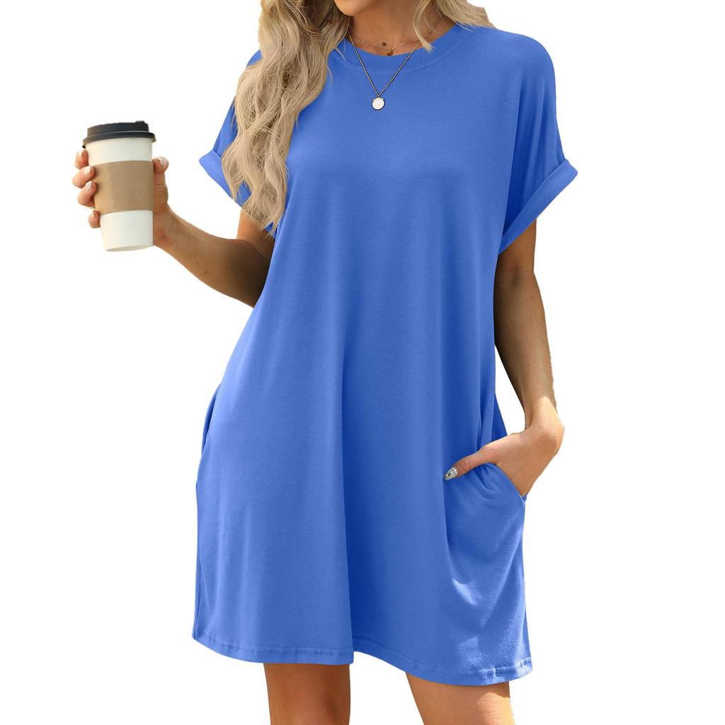 2026 Spring/Summer Solid Color Round Neck Pocket Loose Short-Sleeved Dress