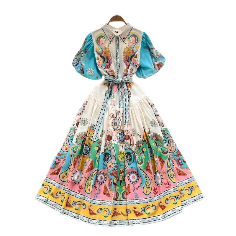 This Women's Dress with A Lapel Lantern Sleeves Cinched Waist and Printed Pleats Is Slimming and Elegant