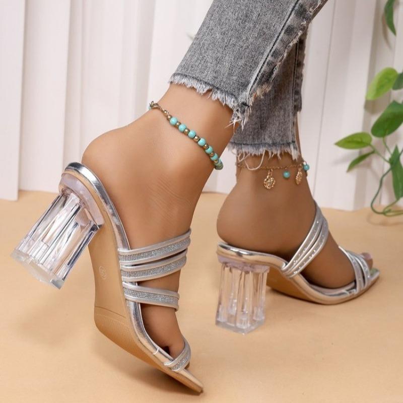 Fashion Women's Fashion Slippers Summer New Square Head Open Toe Sequin Thin Strap Slip-on Wear Resistant Chunky Heels