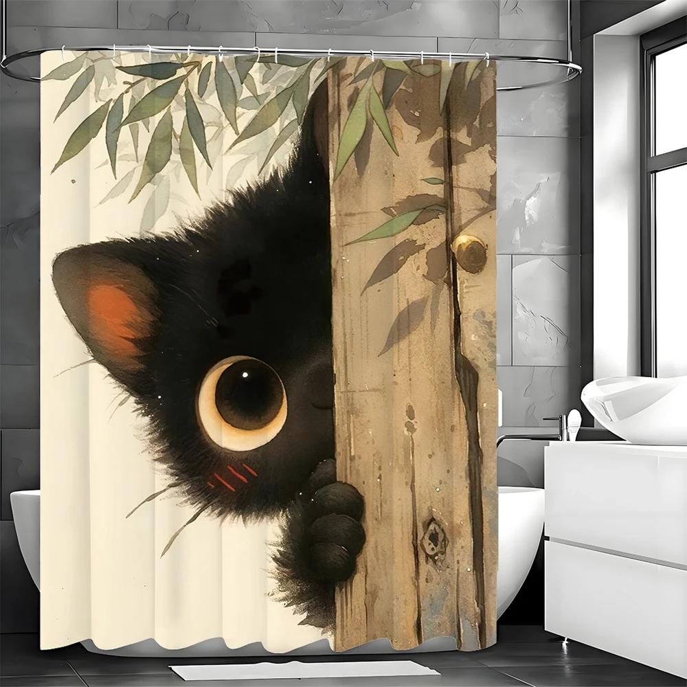 Cartoon Black Cat Shower Curtain, Bathroom Decorative Shower Curtain, Waterproof Shower Curtain with Hooks