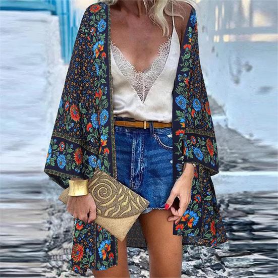 Women Cardigan Floral Print Batwing Sleeve Summer Bohemian Sun Protection Long Blouse for Daily Wear