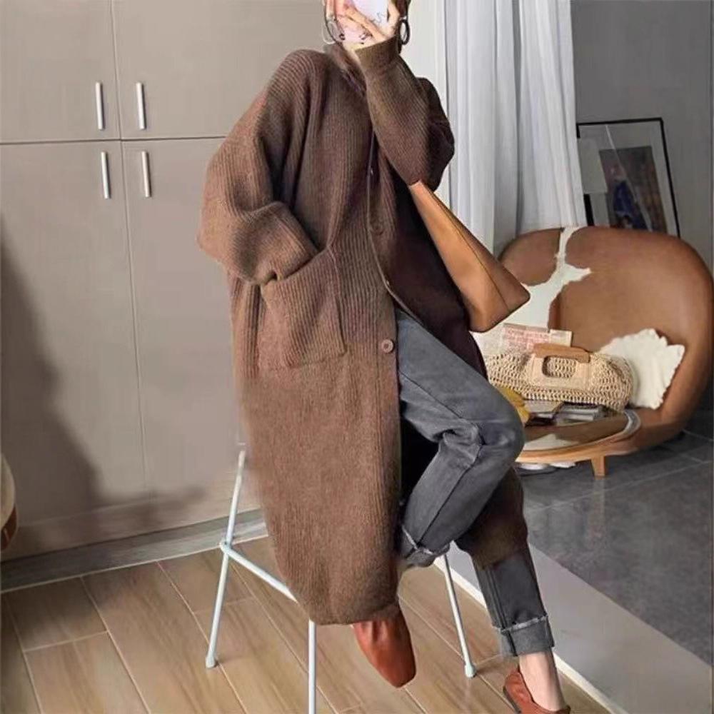 A Long Knitted Cardigan for Women In A Laid-back Style, Thick and Versatile Spring Sweater Coat