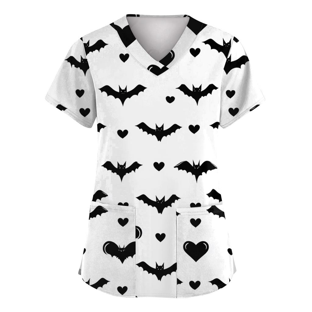 Women's Fashion Short Sleeve Halloween Printed V-Neck Pocket Workwear Tops