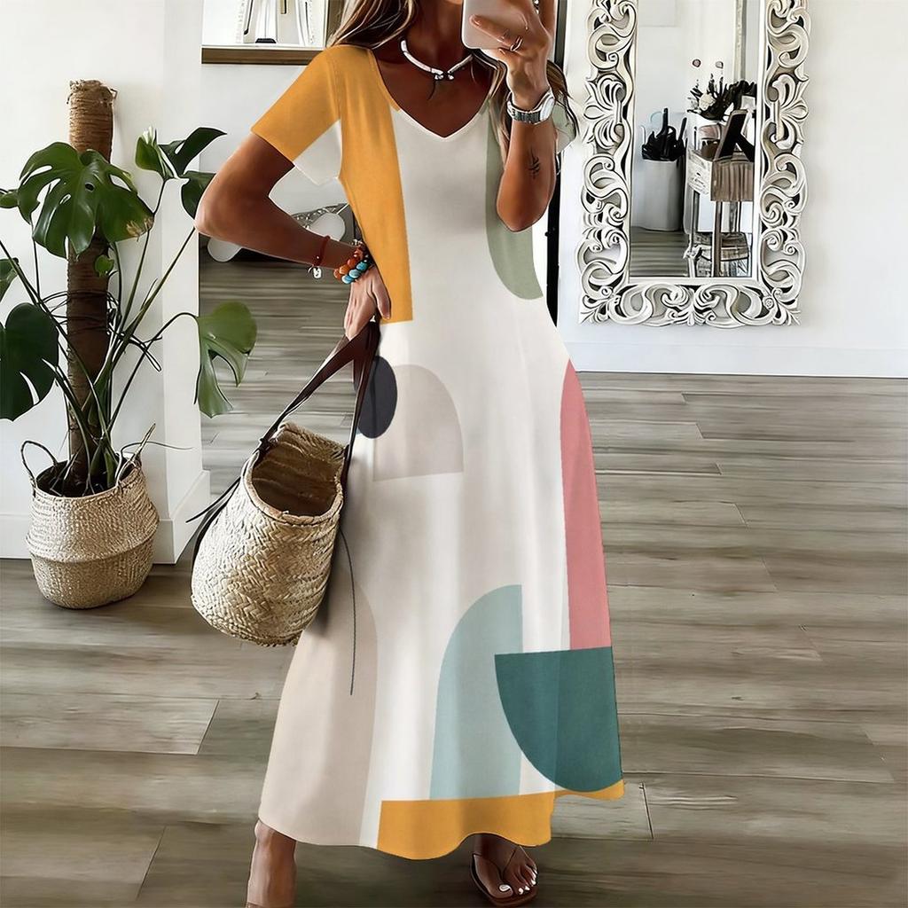 Women Plus Size V Neck Short Sleeve Geometric Printed Straight Maxi Dress