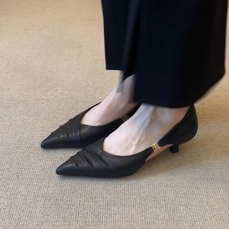 Fashion 2025 New Women's Mid Heels New Style Top Layer Sheepskin Hollow Out Design Leather Shoes Comfortable Soft Rubber Sole