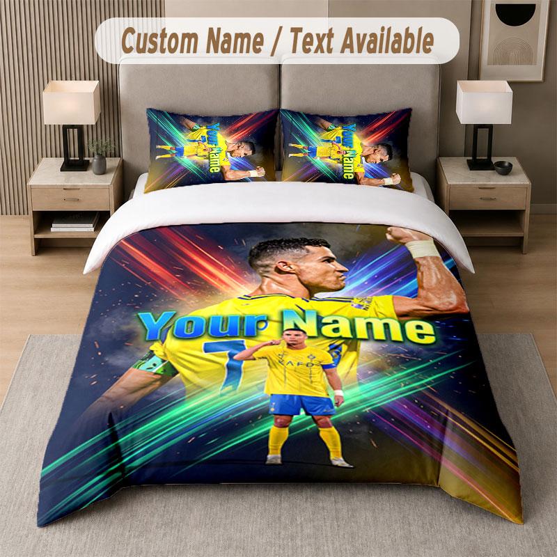 Set Biancheria da Letto Personalizzato Modello Cristiano Ronaldo, Stampa Nome Testo 1 Copripiumino più 2 Federe Tessile per la Casa