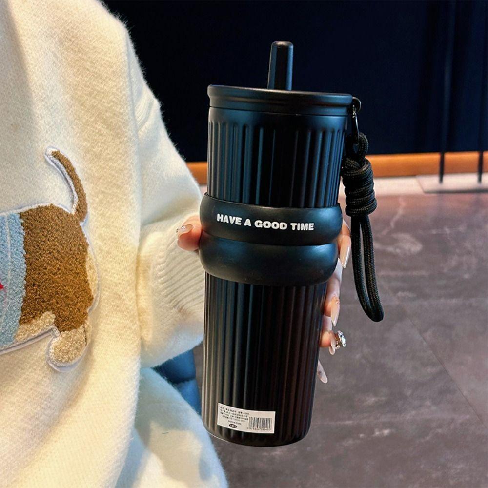 710ML Straw Vacuum Cup 316 Stainless Steel With Lifting Rope Thermal Water Bottle Leakproof Cold&Hot Insulated Cup Office