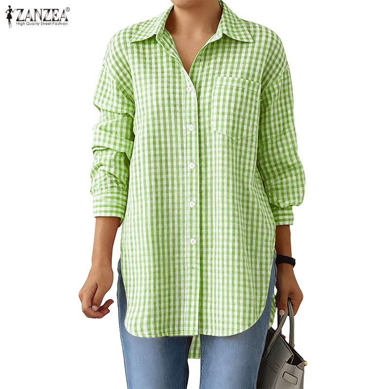 ZANZEA Women Casual Turn Down Collar Grid Print Loose Long Sleeve Blouse