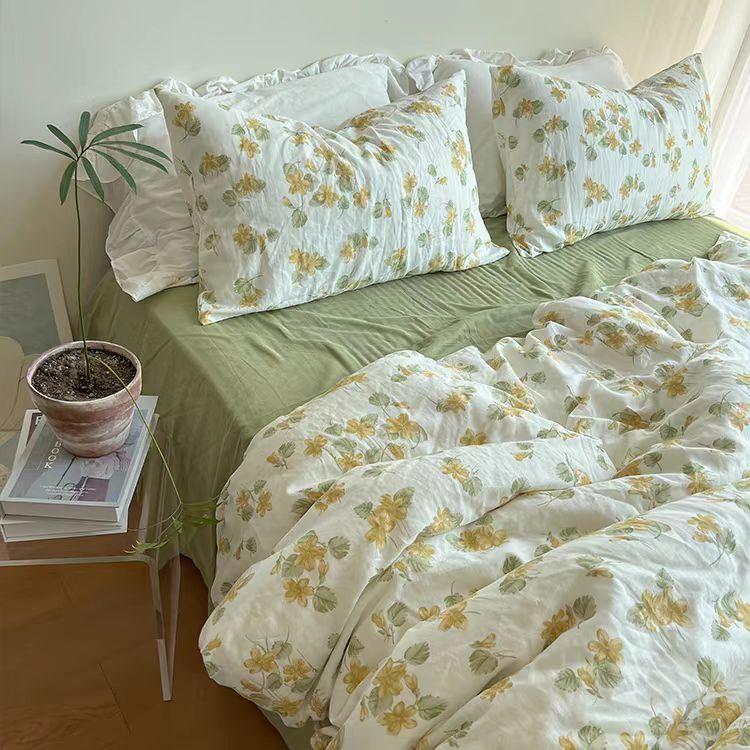 Fashion Floral Duvet Cover Set with Flat Sheet Pillowcase No Filler Girls Twin Full Queen Size Korean Soft Bedding Set