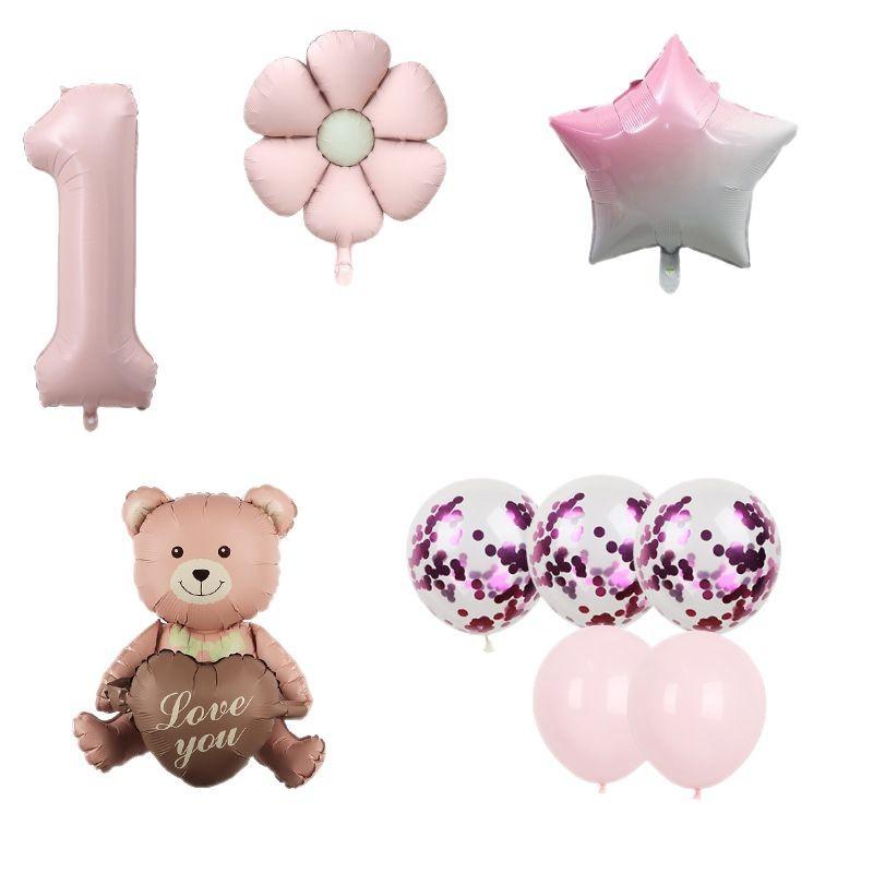 Matte Love Bear Colored Daisies 40 Inch Caramel Cream Aluminum Film Sequins Latex Balloon Birthday Set