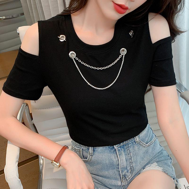 Spice girl sexy new short-sleeved T-shirt design sense niche pure desire style chic off-the-shoulder slim top ins women