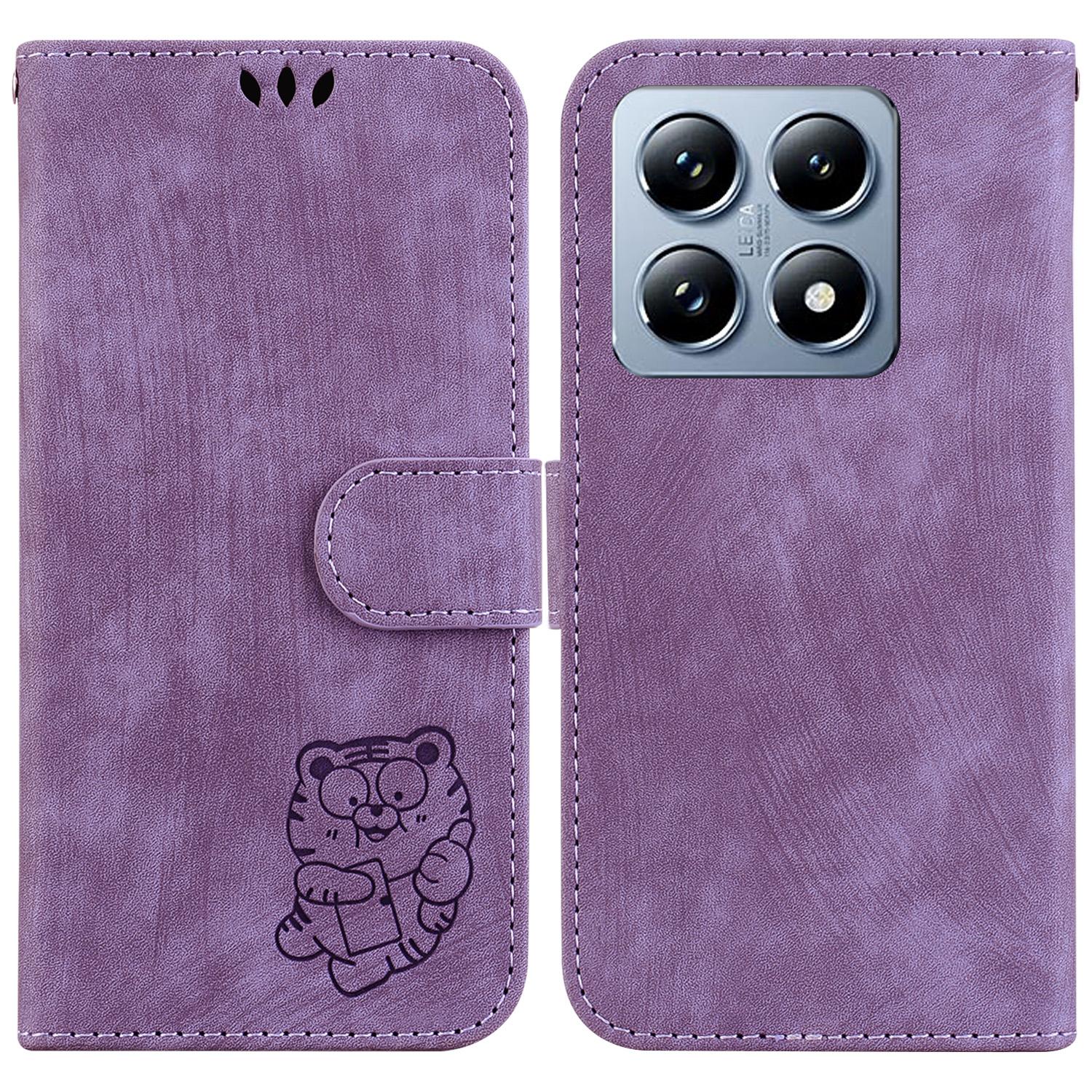 

For Xiaomi 14T Pro Wallet Case Tiger Imprint Leather Shockproof Phone Cover Purple