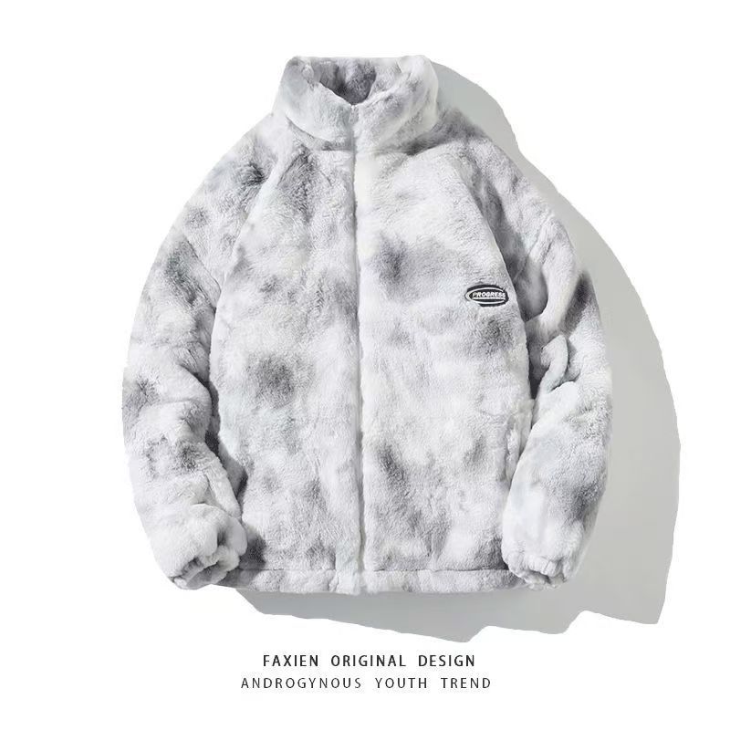 Winter new trendy brand tie-dye stand-up collar lamb wool jacket for men and women street casual padded couple cotton-padded clothes