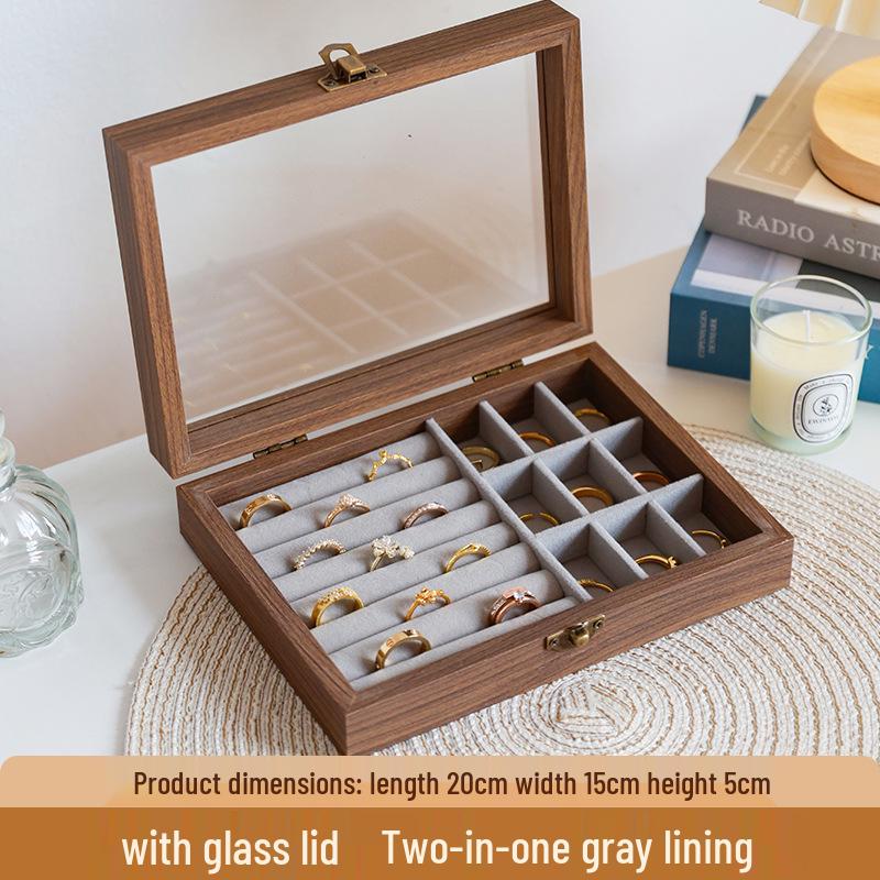 High-End Walnut Wood Grain Flip-Top Jewelry Box – Dustproof, Anti-Oxidation Ring Display