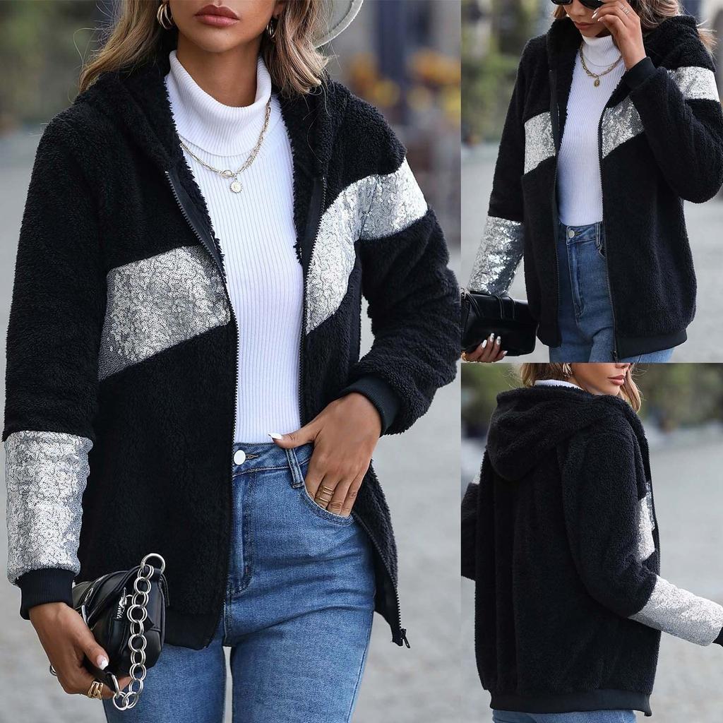 Women's Shaggy Hooded Coats Bright Color Block Hoodie Fashion Sequins Jacket Fall Winter Zip Up Outwear