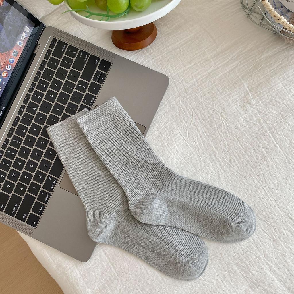 Multi-Color Solid Women's Knee-High Socks Cotton Double-Needle Sweat-Absorbent Socks