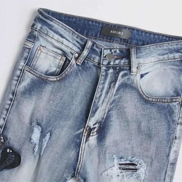Pánské džíny slim-fit v evropském stylu s modrou výšivkou kobry
