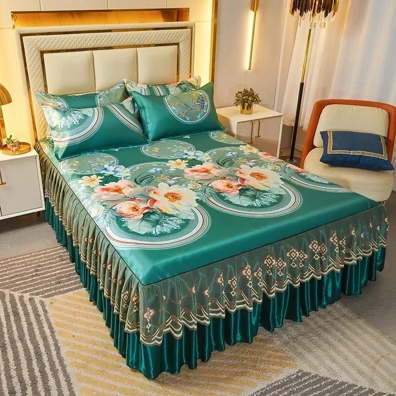 Korean Version Lace Solid Color Bed Skirt Three Piece Set, Skin Friendly Double-layer Bed Cover Non Slip Bed Cover Falda De Cama