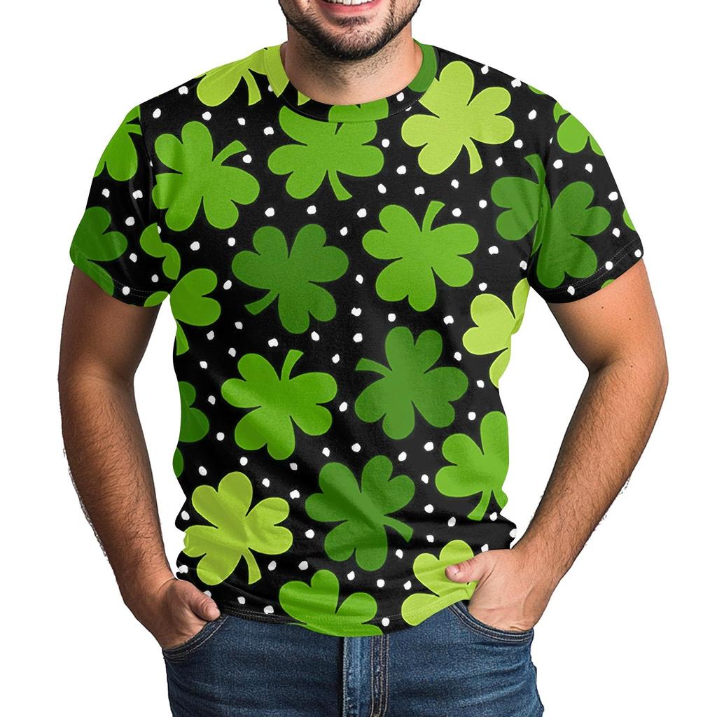 St. Patrick's Adult  Green Crew-neck Short-sleeved Printed Green Three-leaf T-shirt