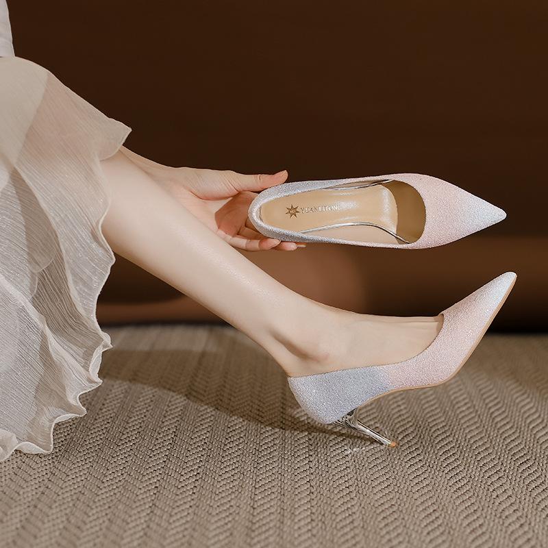 Huizhou women's shoes 2025 spring and summer new high heels women's senior sense of gradual change leather single shoes fine heel not tired feet