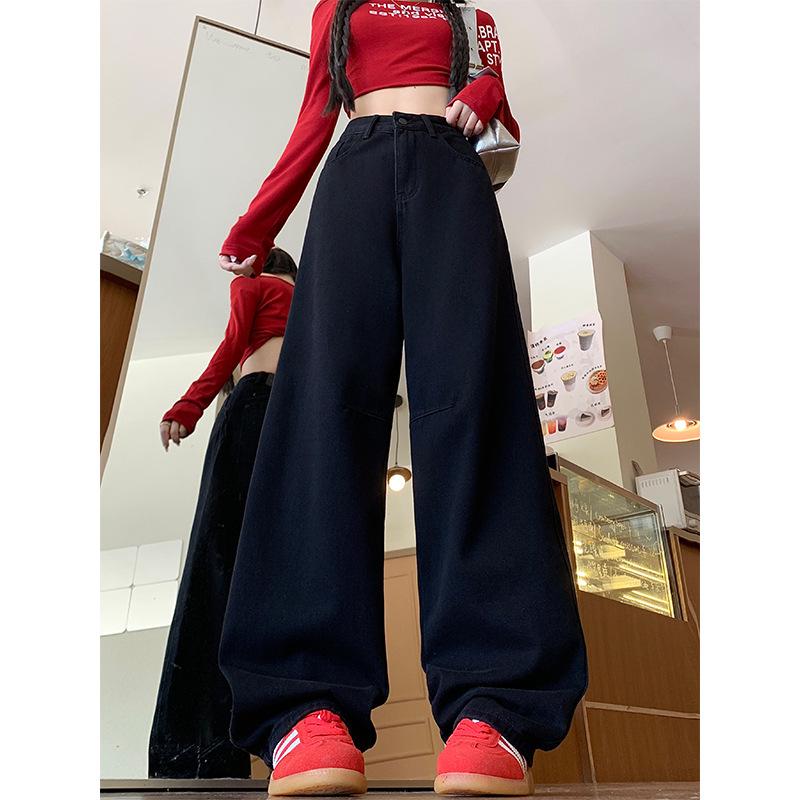

Plus Size High Waist Black Wide Leg Jeans for Women - Slimming, Washed, and Loose Fit for Autumn Winter M