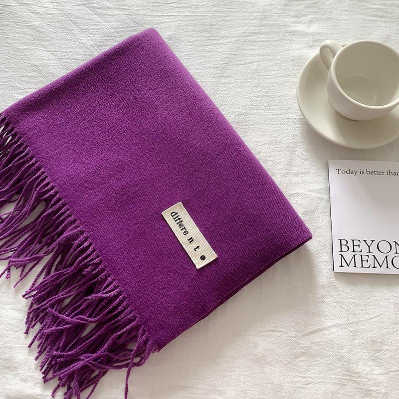 Flowing Fringe, Color-blocked, Simple Design, Faux Cashmere-like Scarf, Winter-thick, Cape-style, Student-friendly, Solid Color.