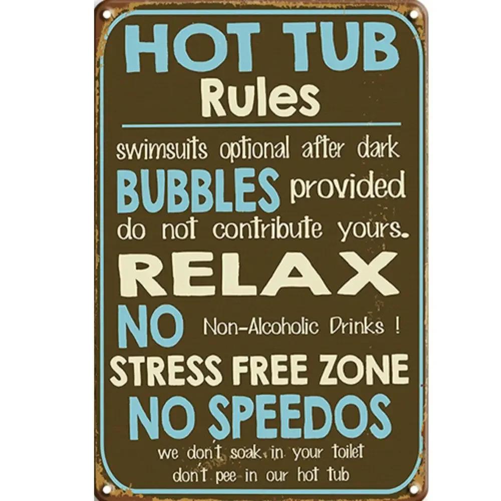 Metal Sign Hot Tub Rules Tin Sign Vintage Bar Home Bathroom Pool and Patio Decor Wall Decoration Tin Sign 12x8 Inches