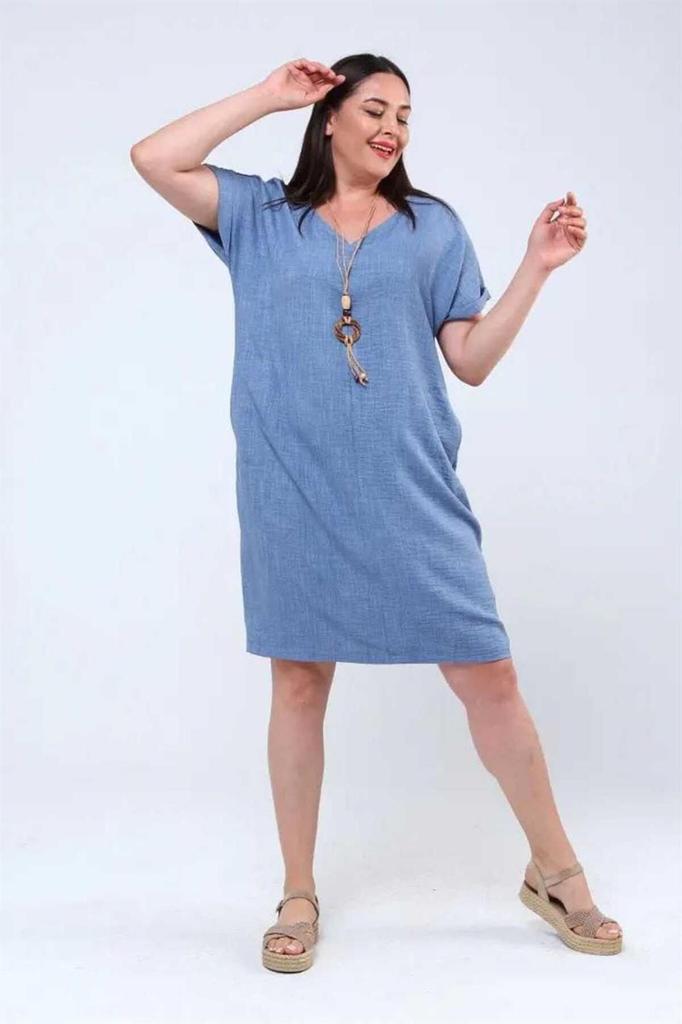 Damen Übergröße Kleid Halskette Plus Size Leinen Ayrobin Kleid Schwarz