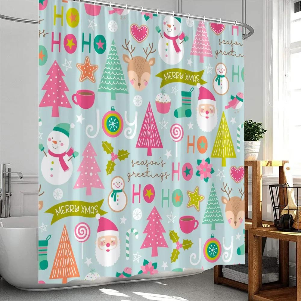 Christmas Cartoon Shower Curtain Santa Claus Xmas Tree Elk Snowflake Merry Christmas Bathtub Decor Polyester Fabric Bath Curtain