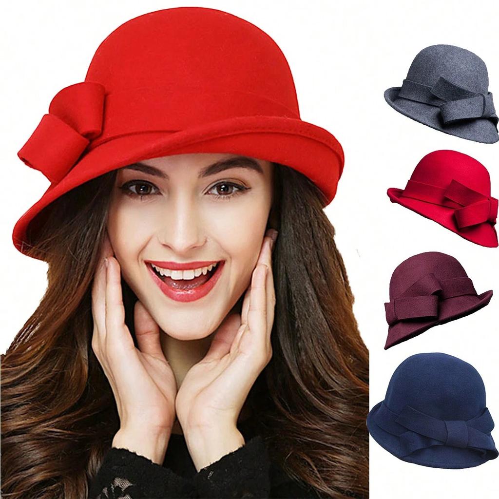 Hat for Women French Elegant Vintage Woolen Topper Curly Bow Fashion Pot Hat Big Head Fence Felt Court Hat