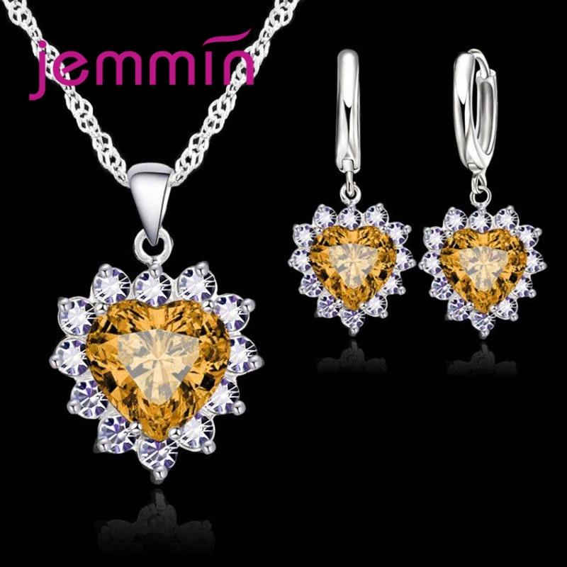 Top Sale Wding Engagement Anniversary Gift Zircon Sets 925 Copper Color Stamped Heart Pendant Hoop Earrings for Women Girls