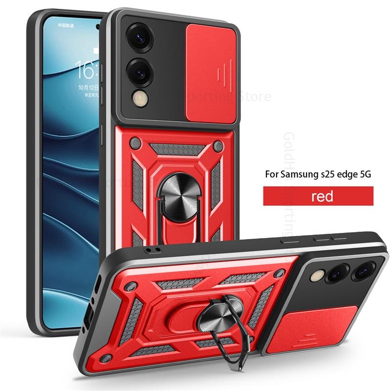 Slide Lens Cases For Samsung S25 Edge Push Window Case Lens Protector Cover For Galaxy S25 Ultra S24 S23 S20 S21 S22 Plus Ring Stand Heavy Duty Cover